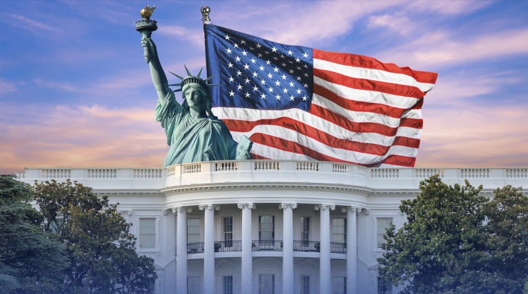 White house with statue of liberty and American flag